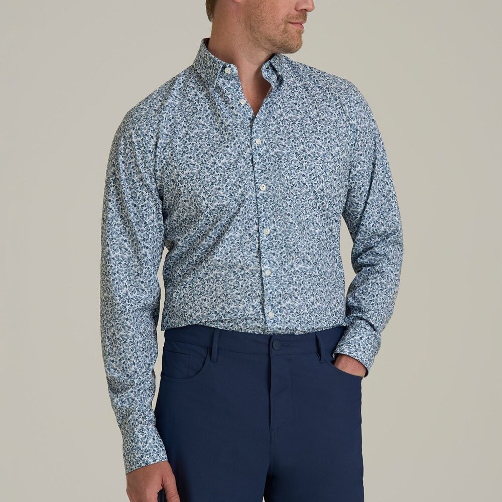 American Tall Traveler Stretch Dress Shirt in Blue Scattered Floral Size XLXL /